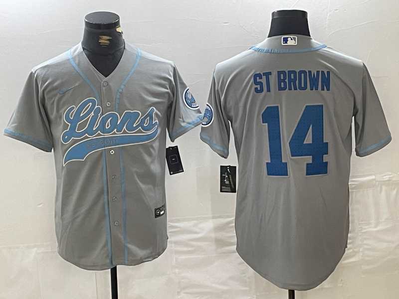 Men%27s Detroit Lions #14 Amon-Ra St. Brown Gray Cool Base Stitched Baseball Jerseys->detroit lions->NFL Jersey